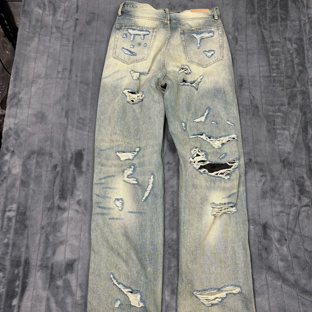 MNML Mens Distressed Relaxed Fit Denim Jeans Light Wash Ripped Size 30 RN139488
